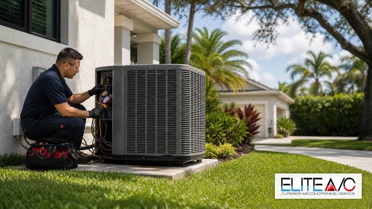 Technician servicing an outdoor air conditioner beside a landscaped home, with the original Elite A/C image branding visible